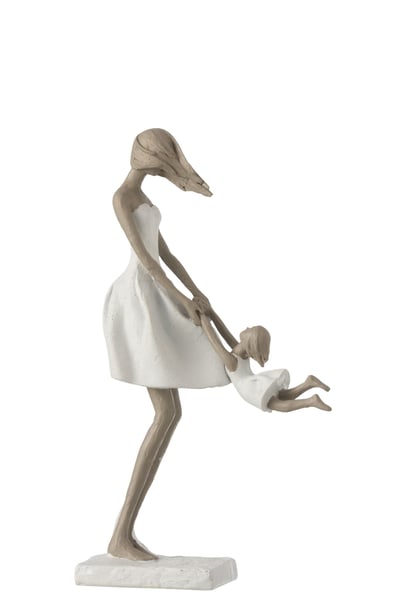 Moeder spelend met dochter poly wit/taupe Moeder spelend met dochter poly wit/taupe