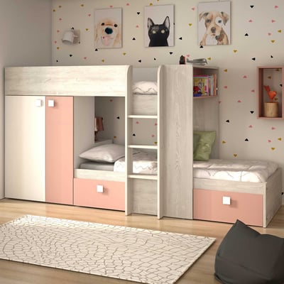 Stapelbed Beau (lattenbodem onderste bed niet inbegrepen) - roze/wit