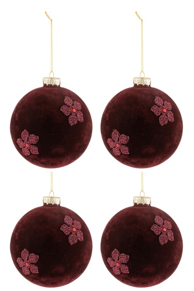 Doos van 4 kerstballen bloemen fluweel glas burgundy large