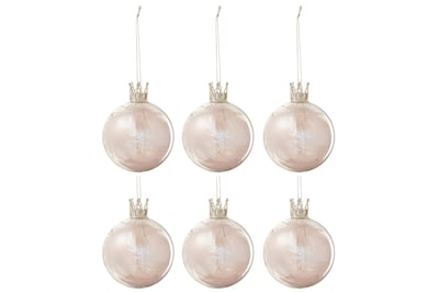Doos van 6 kerstballen kroon pluim licht roze glas klaar small Doos van 6 kerstballen kroon pluim licht roze glas klaar small