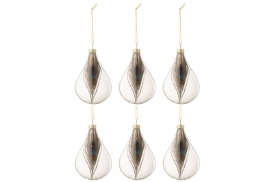 Doos van 6 kerstballen druppel pauwenveer glas transparant small Doos van 6 kerstballen druppel pauwenveer glas transparant small