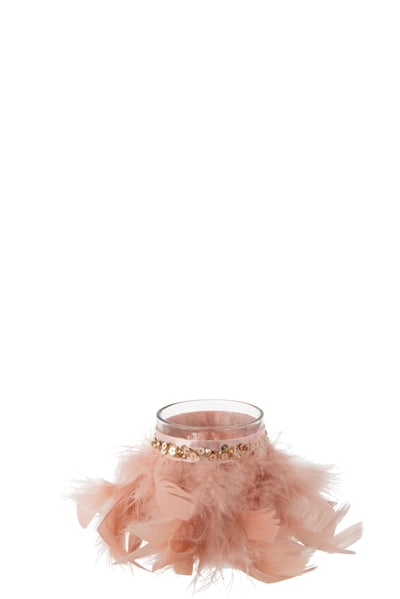 T-lichthouder veren licht roze glas transparant small - Set van 3