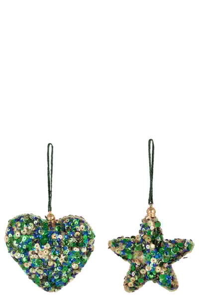 Hanger hart/ster pailletten groenblauw/goud assortiment van 2