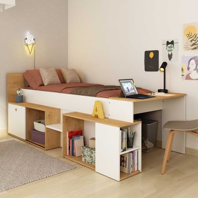 Halfhoogslaper Gaby met bureau - 118x239x96 cm - Wit/eik Halfhoogslaper Gaby met bureau - 118x239x96 cm - Wit/eik