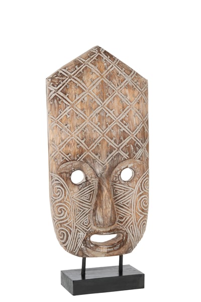 Figuur masker primitief op voet alabasia hout bruin/wit large