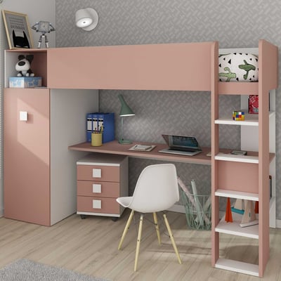 Hoogslaper Jet met bureau en kledingkast 90x200cm - oud roze Hoogslaper Jet met bureau en kledingkast 90x200cm - oud roze