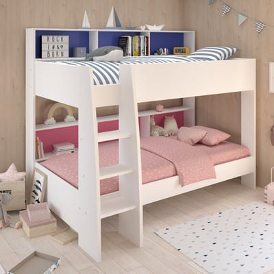 Stapelbed Leo incl. matrasbodems - wit/blauw/roze Stapelbed Leo incl. matrasbodems - wit/blauw/roze