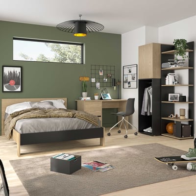 Slaapkamer Nael: tweepersoonsbed 140x200, bureau, boekenrek, kledingkast - eikdecor/zwart