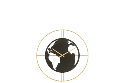 Klok wereldkaart gaten metaal zwart/goud small