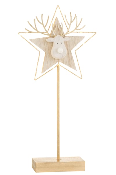 Rendier/ster op voet+led hout goud/wit large