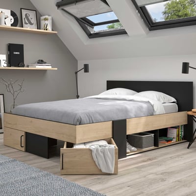 Tweepersoonsbed Swip 140x190cm, 2 lades - eik decor/zwart Tweepersoonsbed Swip 140x190cm, 2 lades - eik decor/zwart
