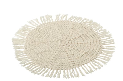 Placemat rond geweven+franjes polyester beige