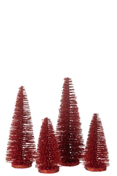 Doos met 4 kerstboom decoratief glitter plastiek rood Doos met 4 kerstboom decoratief glitter plastiek rood