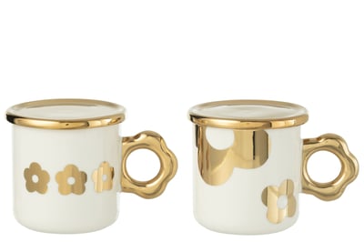 Mok + bordje bloem keramiek wit/goud assortiment van 2