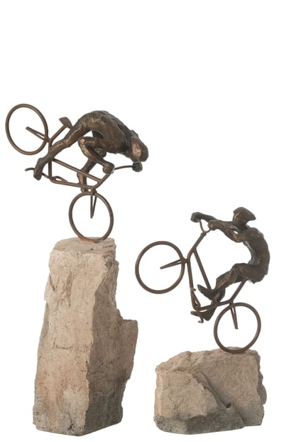 Set 2 fietsers op rots resin beige/zwart