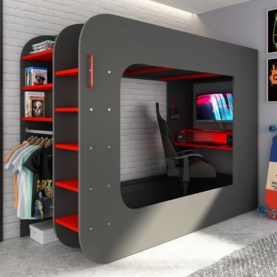 Hoogslaper Graham met gamebureau 90x200cm - antraciet/rood Hoogslaper Graham met gamebureau 90x200cm - antraciet/rood
