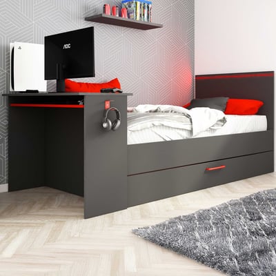 Bed Bzone 90x200 cm met bedlade, bureau en ledverlichting - antraciet