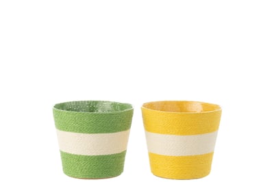 Bloempot touwtjes streep papier/pet geel/groen medium assortiment van 2