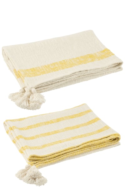 Plaid strepen+kwasten katoen wit/geel assortiment van 2