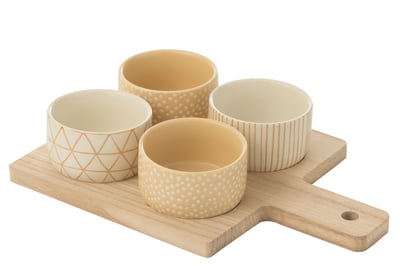 Tapasservies 4 sets + bambouschaal in doos creme/wit