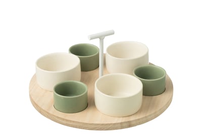 Tapasservies 6 sets + houten schaal in doos groen/wit