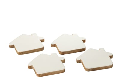 Set van 4 onderzetter huis mangohout wit/naturel