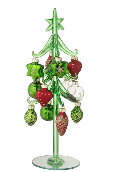 Kerstboom + ballen glas donkergroen/kerstrood