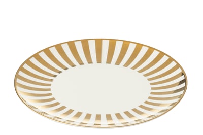 Doos van 1 bord gestreept porselein goudkleurig/wit large
