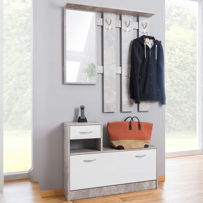 Vestiaire Rudolf (kapstok, spiegel & schoenenkast) - beton/wit