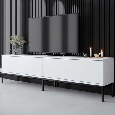 Modern Chique TV-meubel: Woody Mode | Metalen Poten | 100% Melamine Gecoat | 180x47x30 cm | Zwart Wit Modern Chique TV-meubel: Woody Mode | Metalen Poten | 100% Melamine Gecoat | 180x47x30 cm | Zwart Wit