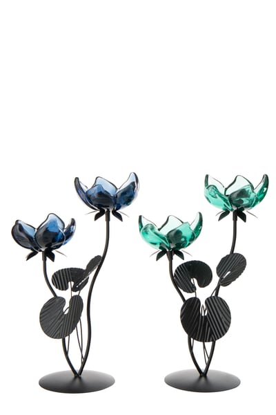 Theelichthouder bloem ijzer groen/blauw large assortiment van 2