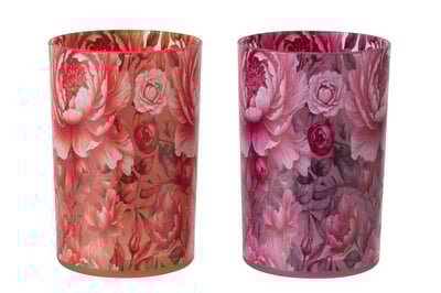 Windlicht bloemen glas oranje/roze large assortiment van 2