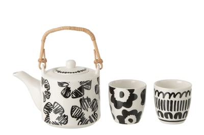 Theepot + kopjes keramiek wit/zwart