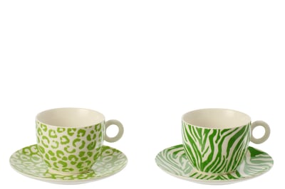 Doos van 2 koffiekop  +  bordje luipaard + zebra porselein groen/wit large