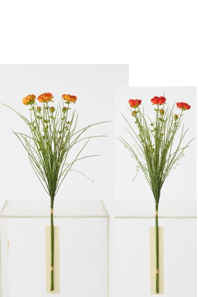 Bundel van 3 ranonkel met gras textiel donkeroranje/donkerrood small assortiment van 2