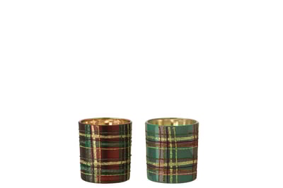 T-lichthouder geruit glas rood/groen small assortiment van 2