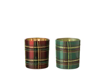 T-lichthouder geruit glas rood/groen large assortiment van 2