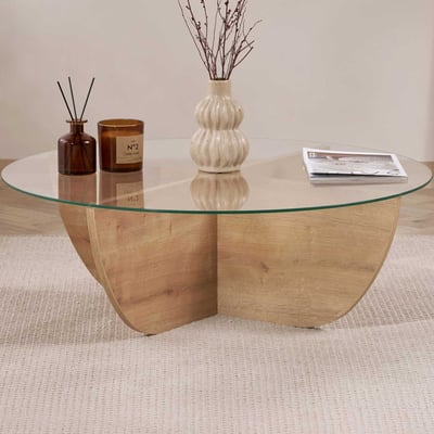 Salontafel Liya - 100% TEMPERED GLASS - Saffier eiken - 30 x 90 x 90 cm