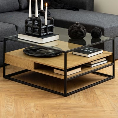 Salontafel Randolf - 80x80x40cm - glas - eikdecor/zwart