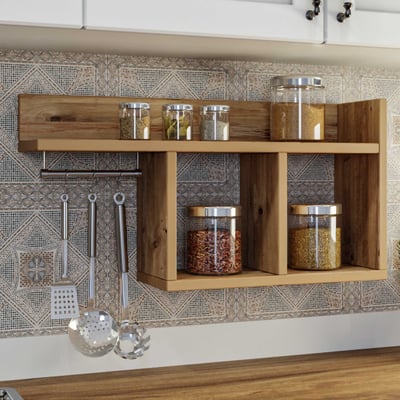 Wandplank | 100% Melamine Gecoat Grenen | Meerdere Planken en Hangende Haken Wandplank | 100% Melamine Gecoat Grenen | Meerdere Planken en Hangende Haken