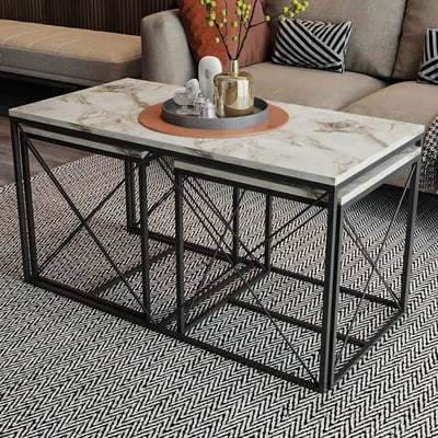Stijlvolle Woody Fashion Salontafel Set | Melamine Gecoat | Metalen Poten | Wit Marmer, Zwart. Stijlvolle Woody Fashion Salontafel Set | Melamine Gecoat | Metalen Poten | Wit Marmer, Zwart.