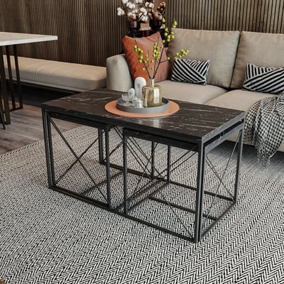 Stijlvolle Woody Fashion Salontafel Set - Melamine gecoat, Metalen poten, 2 maten, Zwart Stijlvolle Woody Fashion Salontafel Set - Melamine gecoat, Metalen poten, 2 maten, Zwart