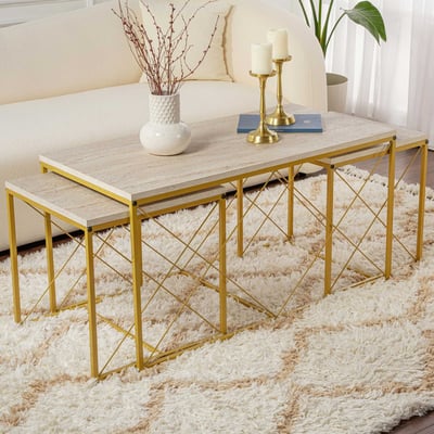 Defne Salontafelset | 100% MELAMINE | Travertijn Goud