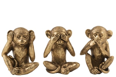 Aap horen/zien/zwijgen antiek goud assortiment van 3