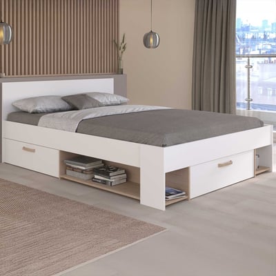 Tweepersoonsbed Achiel - 140x200cm - met opbergruimte - wit/eikdecor