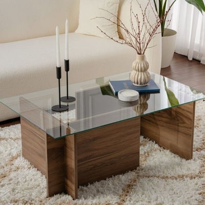 Salontafel Vetrino - 105x65x40cm - gehard glas - notenhout