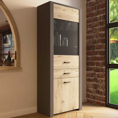 Vitrinekast Aubrey - 75x42x198cm - 2 deuren & 1 lade - eikdecor/zwart