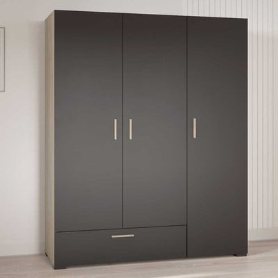 Kleerkast Liva 3 draaideuren, 1 kledingroede, 4 legplanken en 1 lade-Kronberg eik/matzwart Kleerkast Liva 3 draaideuren, 1 kledingroede, 4 legplanken en 1 lade-Kronberg eik/matzwart