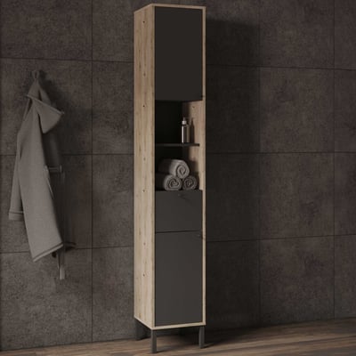 Kolomkast Lagon - 39x33x201cm - 2 deuren & 1 lade - zwart/eikdecor