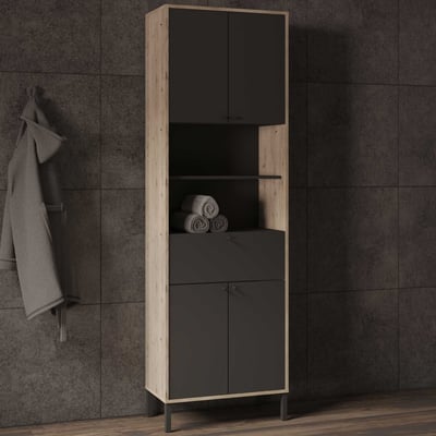 Kolomkast Lagon - 69x33x201cm - 4 deuren & 1 lade - zwart/eikdecor